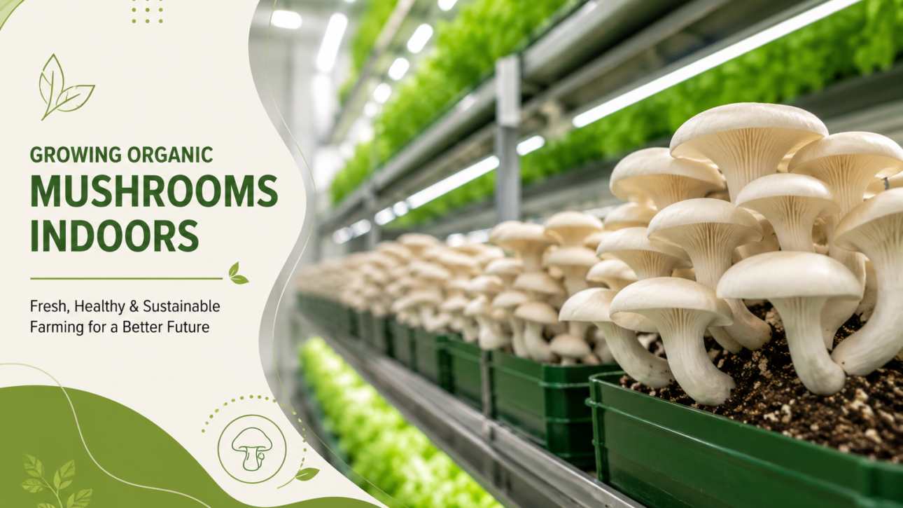 mushroom farming business setup with fresh organic oyster mushrooms growing on green vertical racks in a controlled farming environment.