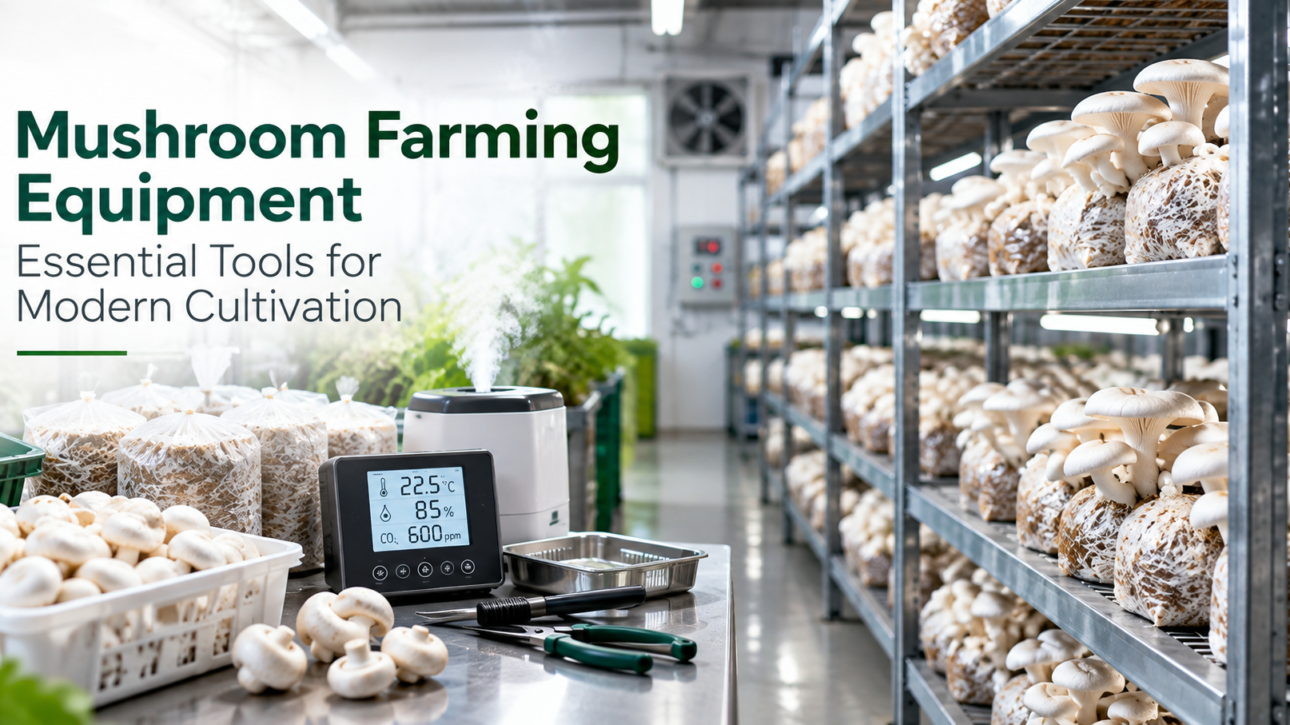 Mushroom farming equipment for modern cultivation with growing racks, humidity control, ventilation, and monitoring systems.