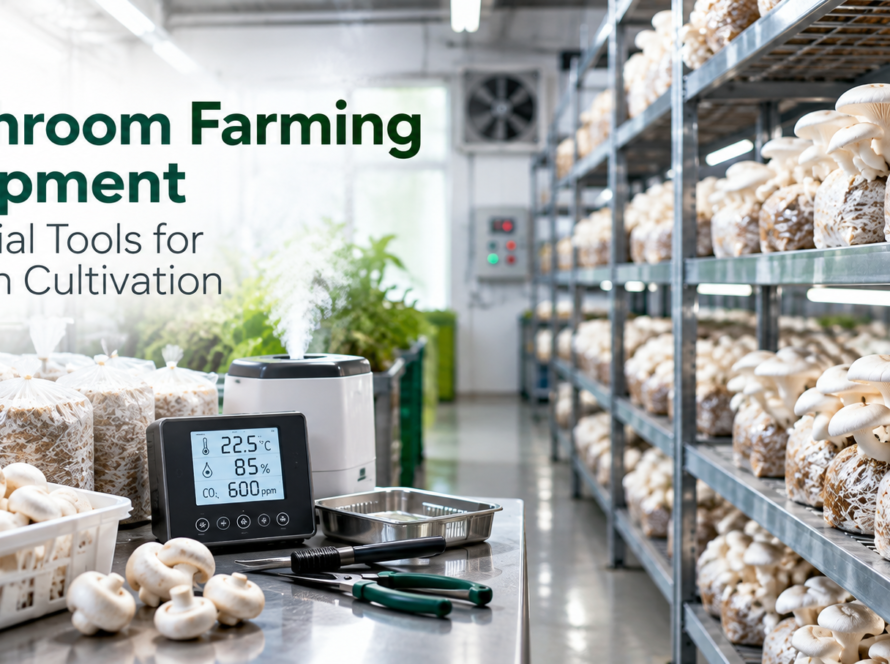 Mushroom farming equipment for modern cultivation with growing racks, humidity control, ventilation, and monitoring systems.