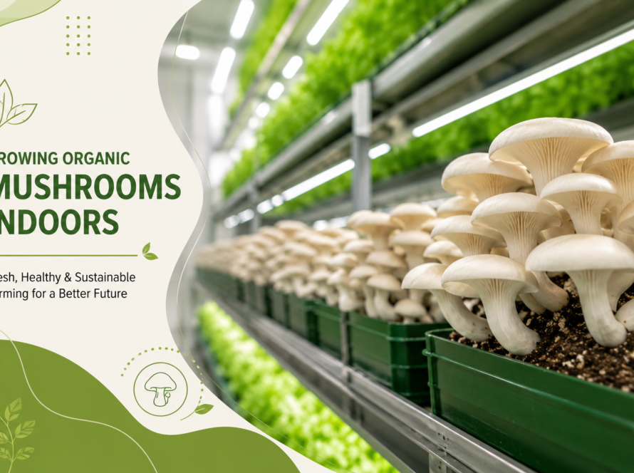 mushroom farming business setup with fresh organic oyster mushrooms growing on green vertical racks in a controlled farming environment.
