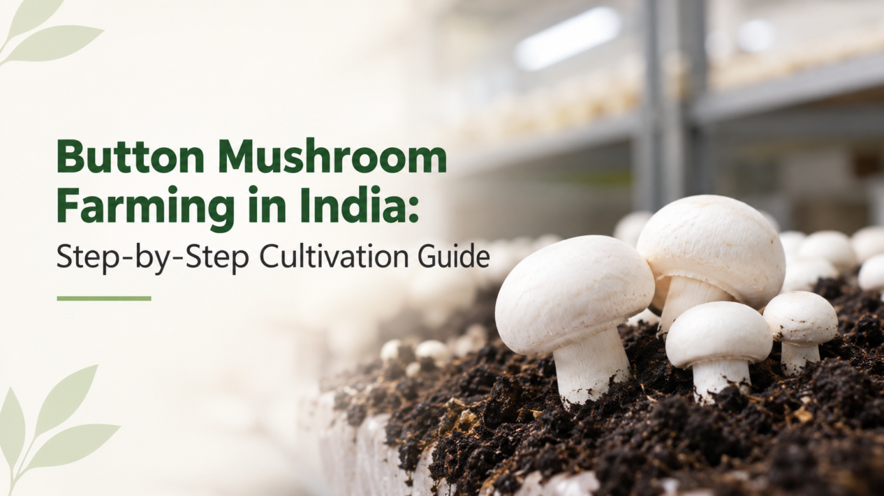 Button mushroom farming in India with fresh white mushrooms growing in compost