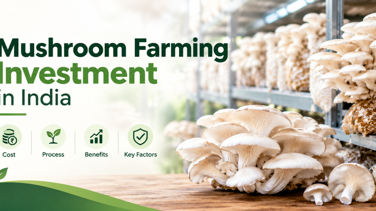 Mushroom farming investment in India with modern indoor mushroom cultivation and growing racks