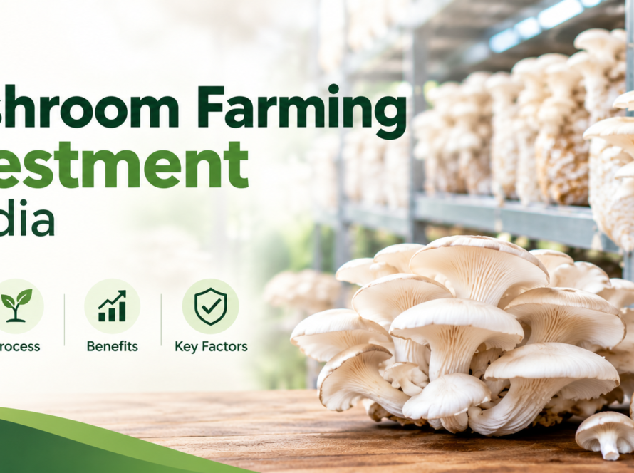 Mushroom farming investment in India with modern indoor mushroom cultivation and growing racks
